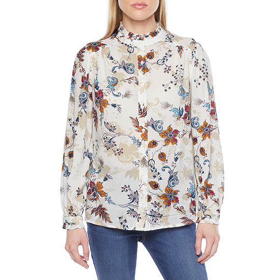 St. John's Bay Womens Long Sleeve Adaptive Blouse, Color: Ivory Floral ...