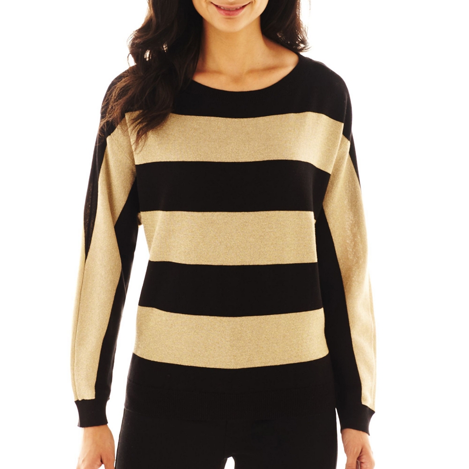LIZ CLAIBORNE Long Sleeve Metallic Striped Sweater   Talls, Black/Gold, Womens