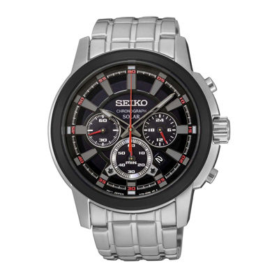 seiko silvertone black dial solar calendar watch