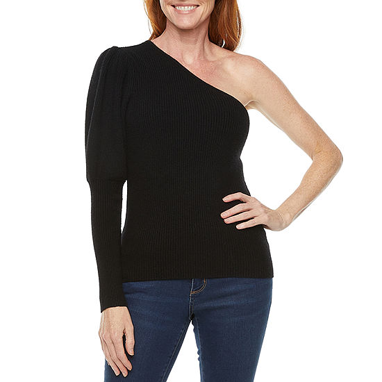 Worthington Womens One Shoulder Asymmetrical Neck Long Sleeve Pullover Sweater