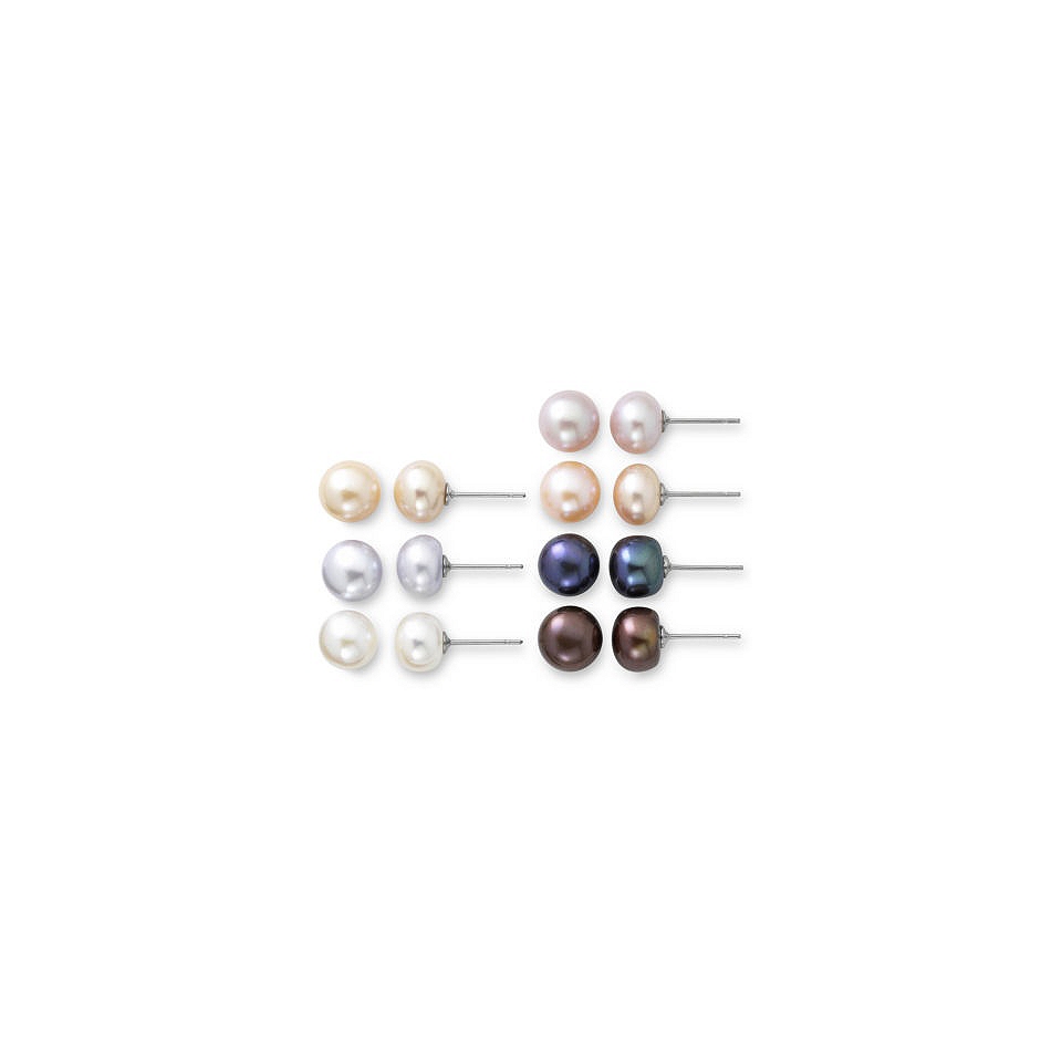 7 Pair Cultured Freshwater Pearl Stud Earrings Set, White/Grey/Pink, Womens