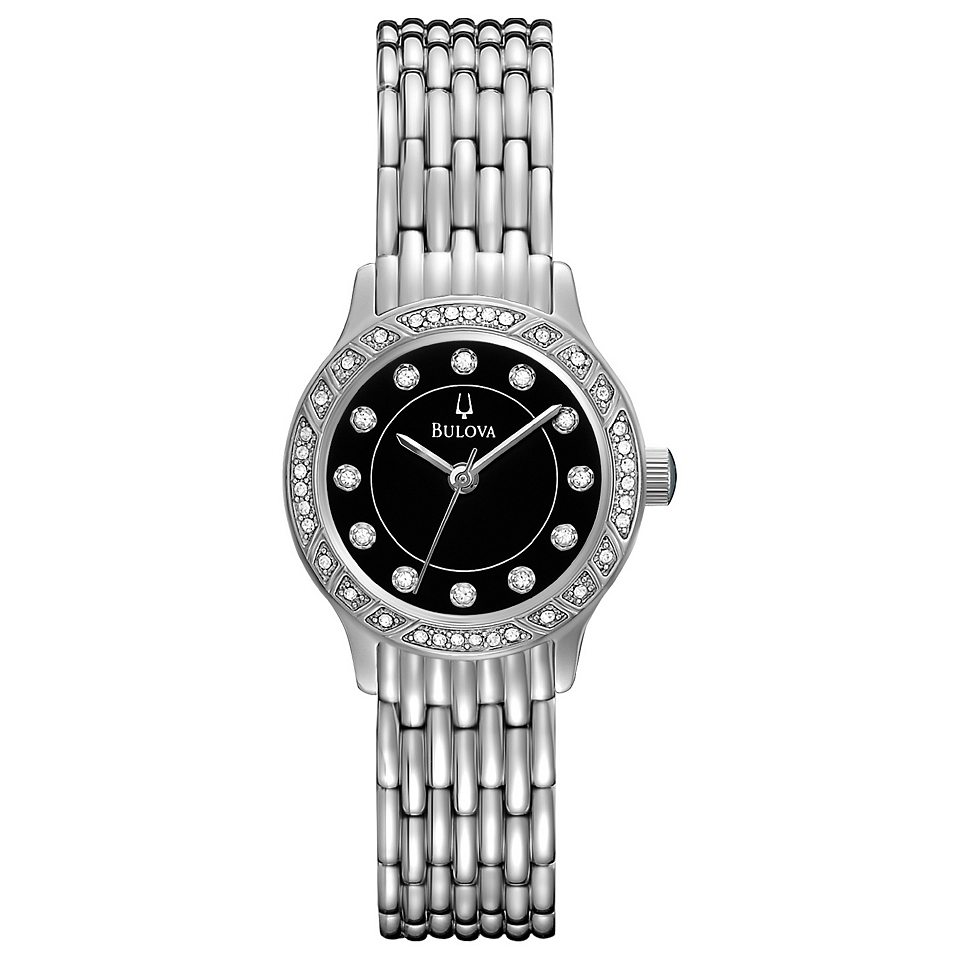 Bulova Womens Crystal Accent Black Dial Silver Tone Watch
