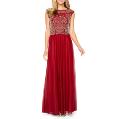 jackie jon short sleeve beaded evening gown