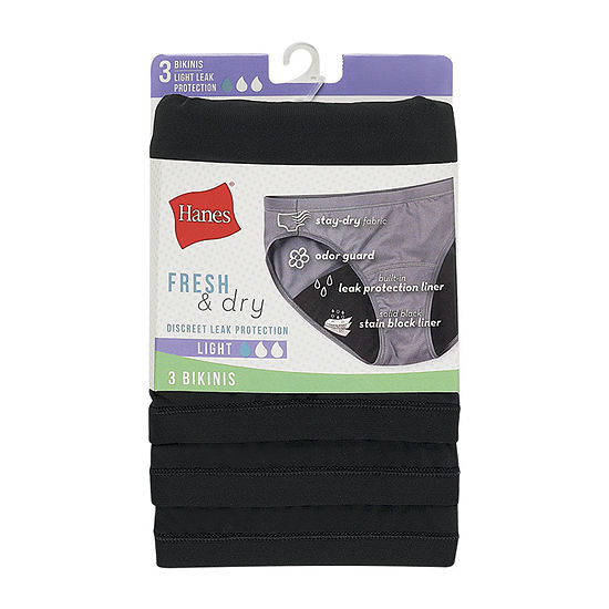 Hanes Fresh And Dry Light Leak Protection 3 Pack Seamless Period + Leak Resistant Multi-Pack Bikini Panty Ll42bl