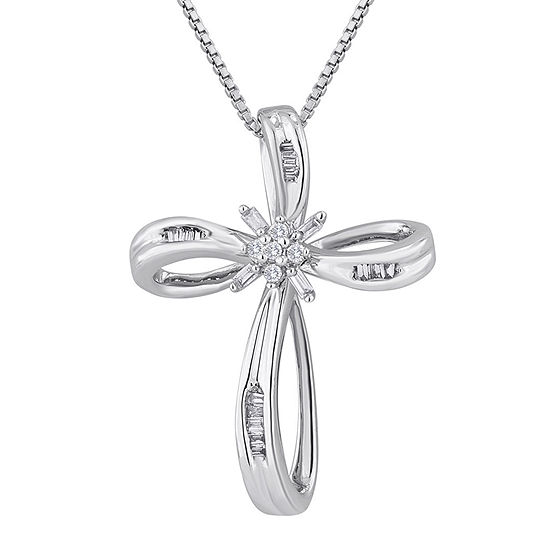1/10 CT. T.W. Diamond Sterling Silver Ribbon-Style Cross Pendant Necklace