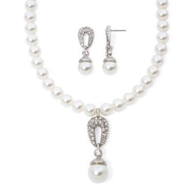 Simulated Pearl Crystal Double Drop Earring and Necklace Boxed Set, Color White JCPenney