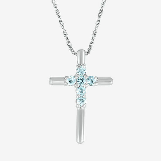 Womens Genuine Blue Aquamarine Sterling Silver Cross Pendant Necklace
