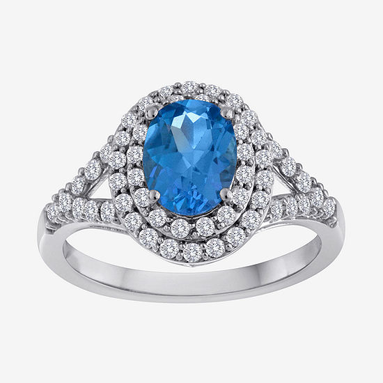 Genuine Blue Topaz and Lab-Created White Sapphire Double Halo Ring