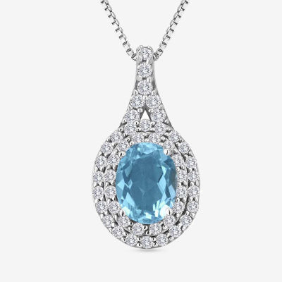 Genuine Blue Topaz and Lab-Created White Sapphire Sterling Silver Halo Pendant Necklace