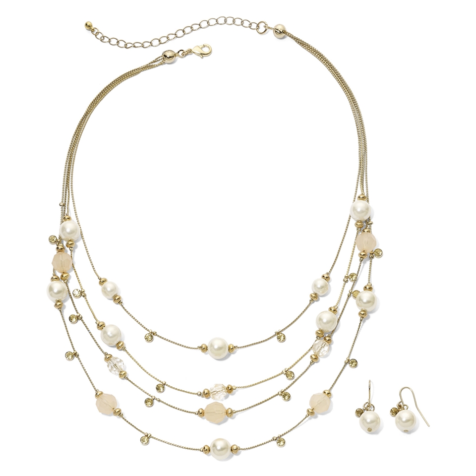Faux Pearl & Bead Necklace & Earrings Set, Gold, Womens