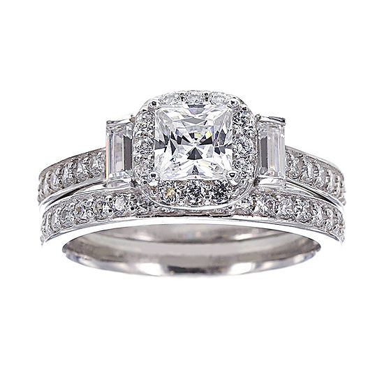 DiamonArt® Cubic Zirconia Sterling Silver 3-Stone Bridal Ring Set