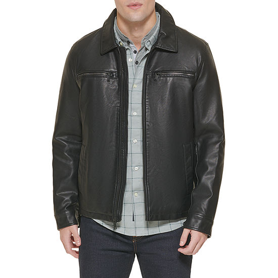 Dockers Mens Faux Leather Lay Down Collar Zip Front Jacket