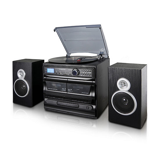 Trexonic 3-Speed Turntable With CD Player, Dual Cassette Player, Bluetooth, FM Radio & USB/SD Recording and Wired Shelf Speakers