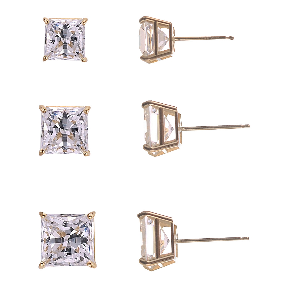 3 Pr. Princess Cut Cubic Zirconia Gold over Silver Stud Earring Set, Womens