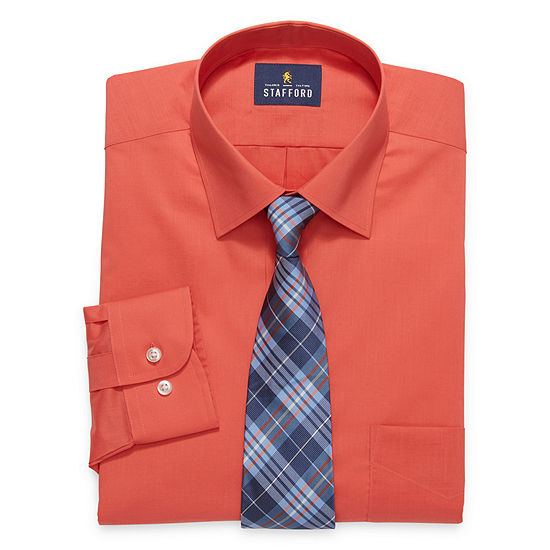Stafford Mens Spread Collar Long Sleeve Stretch Shirt + Tie Set