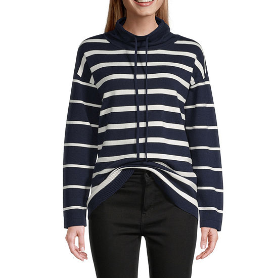 Liz Claiborne Womens Funnel Neck Long Sleeve Striped Pullover Sweater