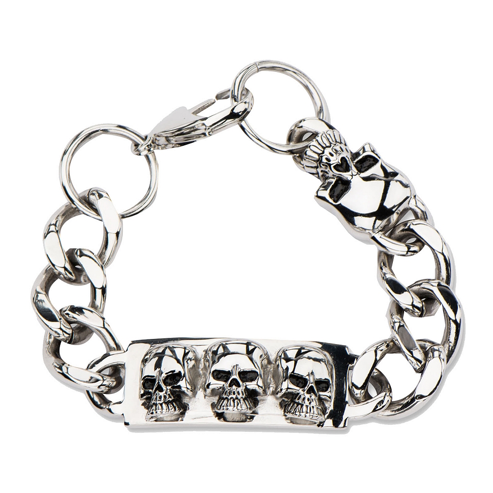 Inox Jewelry Mens Stainless Steel Curb Link & Skull Bracelet, White