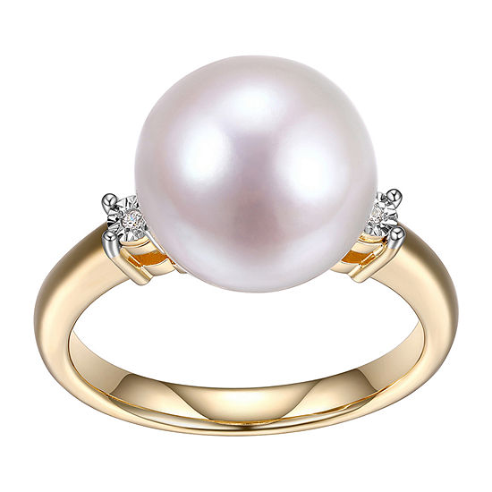 Womens Diamond Accent Genuine White Cultured Freshwater Pearl 18K Gold Over Silver Cocktail Ring