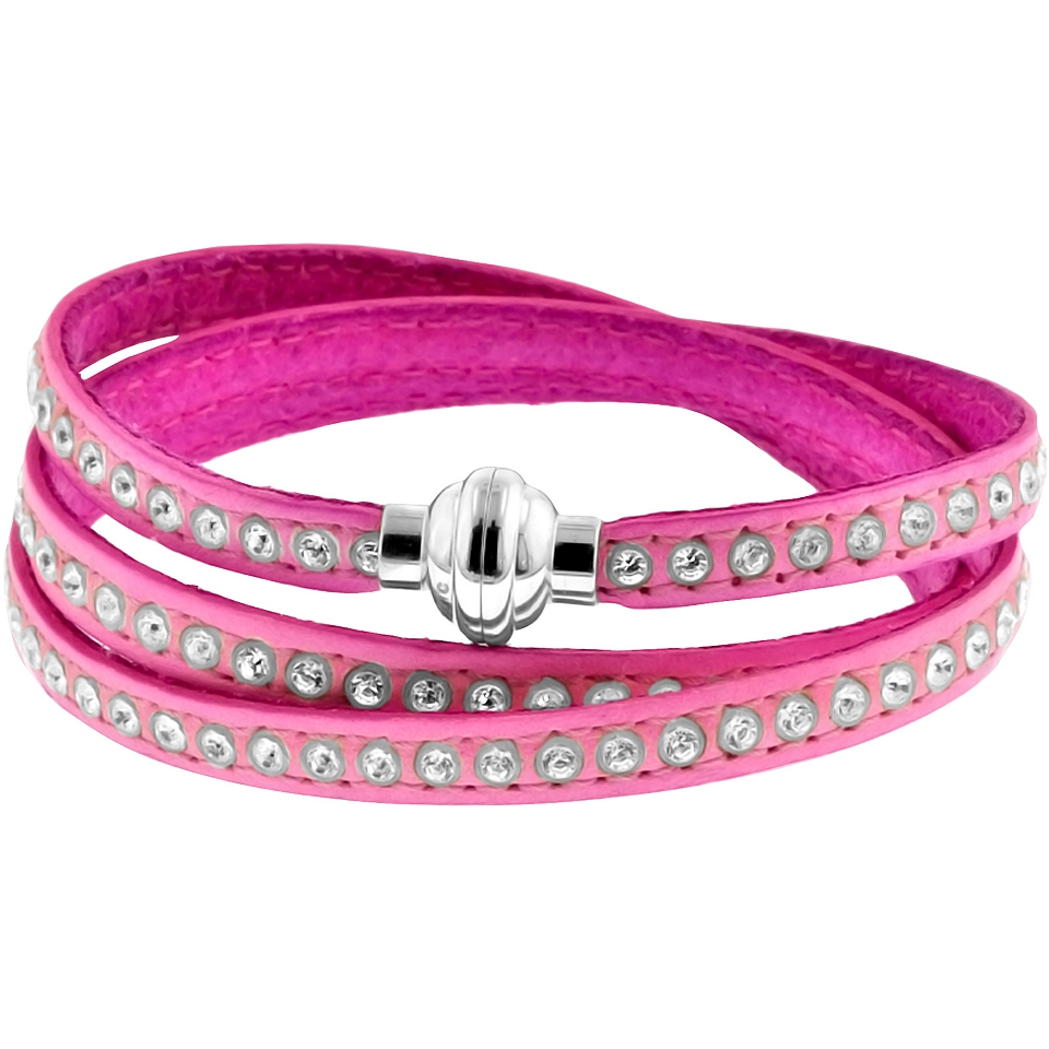 Stainless Steel Triple Wrap Pink Leather Bracelet, Womens