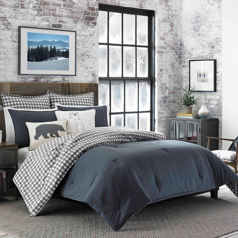 Eddie Bauer King Kingston Comforter Set Navy: Reversible Bedding, Gingham Check, Includes Shams