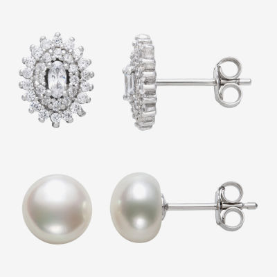 LIMITED TIME SPECIAL! 2 Piar Stud Earring Set With Lab Created White Sapphire and White Cultured Freshwater Pearl Stud Earrings