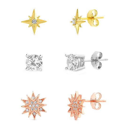 Silver Treasures 3 Pair Cubic Zirconia Star Earring Set