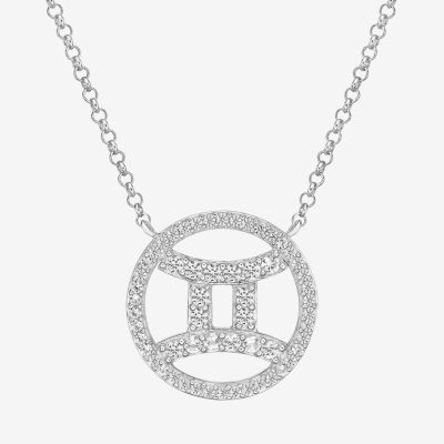 Gemini Womens Cubic Zirconia Sterling Silver Round Pendant Necklace