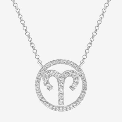 Aries Womens Cubic Zirconia Sterling Silver Round Pendant Necklace