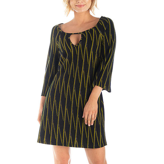 24/7 Comfort Apparel Long Sleeve Geometric A-Line Dress