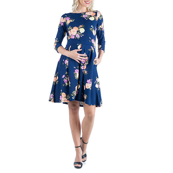 24/7 Comfort Apparel Maternity 3/4 Sleeve Floral Fit + Flare Dress