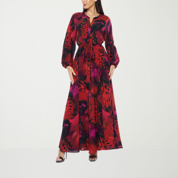 Premier Amour Womens Split Crew Neck Long Sleeve Puffed Maxi Dress