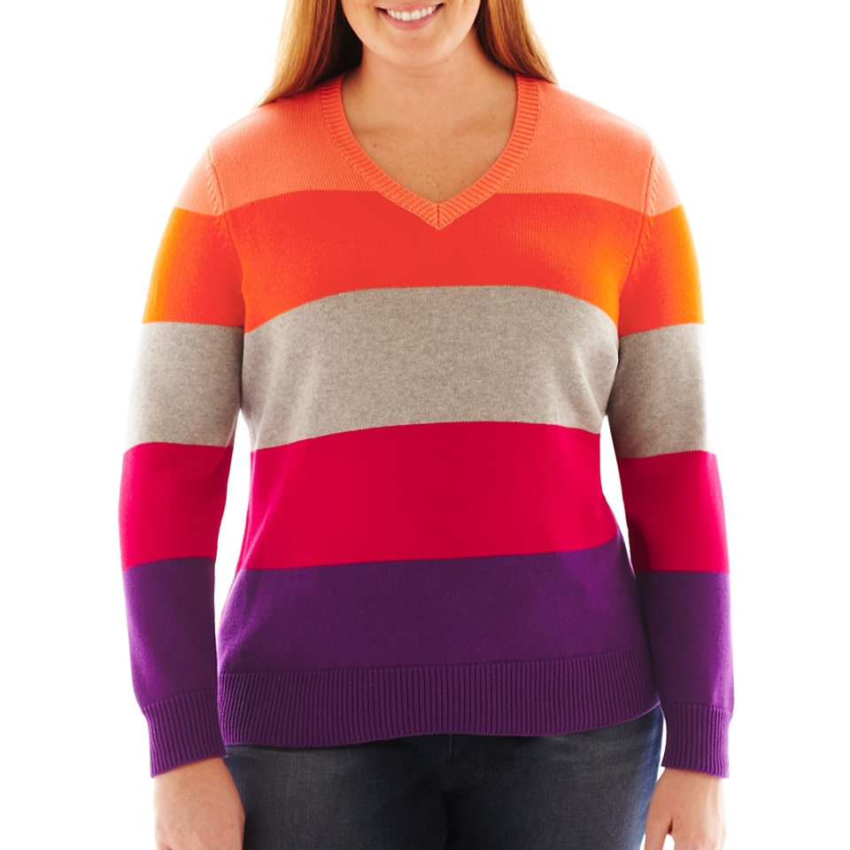 LIZ CLAIBORNE Long Sleeve Striped Sweater   Plus, Purple