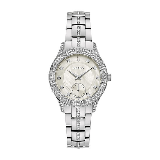 Bulova Womens Crystal Accent Silver Tone Stainless Steel Bracelet Watch ...