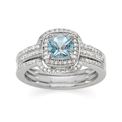 Genuine Aquamarine and 3/8 CT. T.W. Diamond Sterling Silver Ring, Color ...