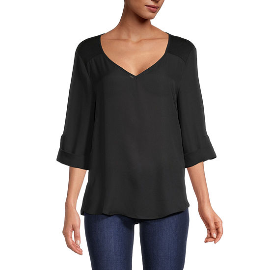 by&by Juniors Womens V Neck 3/4 Sleeve Top