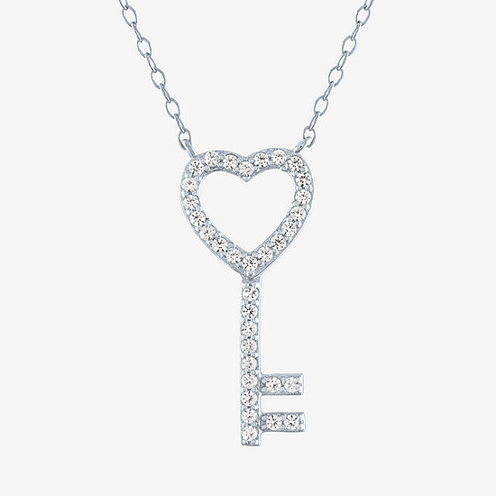 Limited Time Special! Womens Lab Created White Sapphire Sterling Silver Heart Keys Pendant Necklace