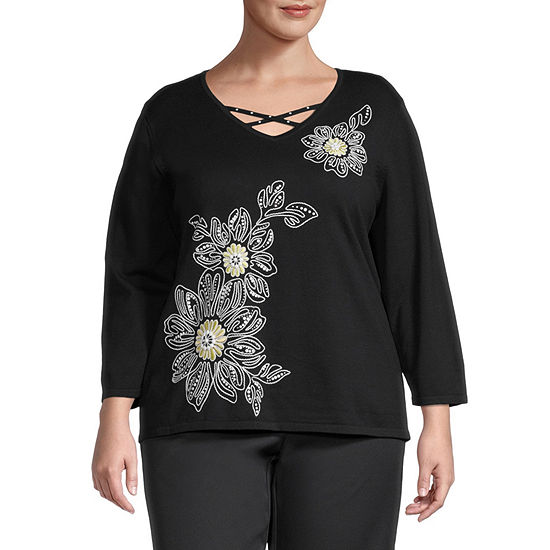 Alfred Dunner Plus Southern Charm Womens V Neck Embellished 3/4 Sleeve Floral Pullover Sweater