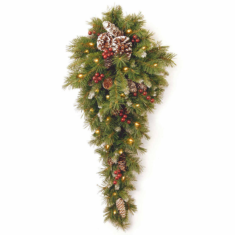 National Tree 36 in. Frosted Berry Teardrop with Battery Operated Warm White Led Lights