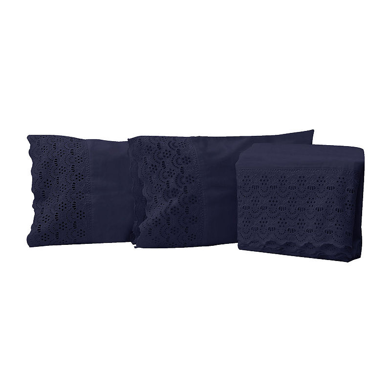 Auraa Comfort 600Tc Lace Sateen Sheet Set, 600 Tc Cotton Rich Lace Hem 4Pc King Sheet Set, Blue