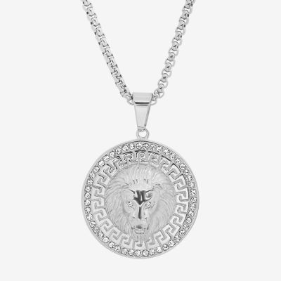 Steeltime Lion Mens Cubic Zirconia Stainless Steel Round Pendant Necklace