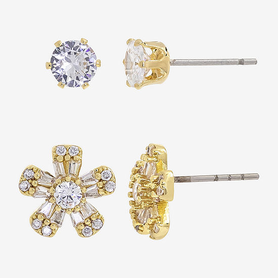 Sparkle Allure 14k Gold Over Brass 2 Pair Cubic Zirconia Flower Earring Set