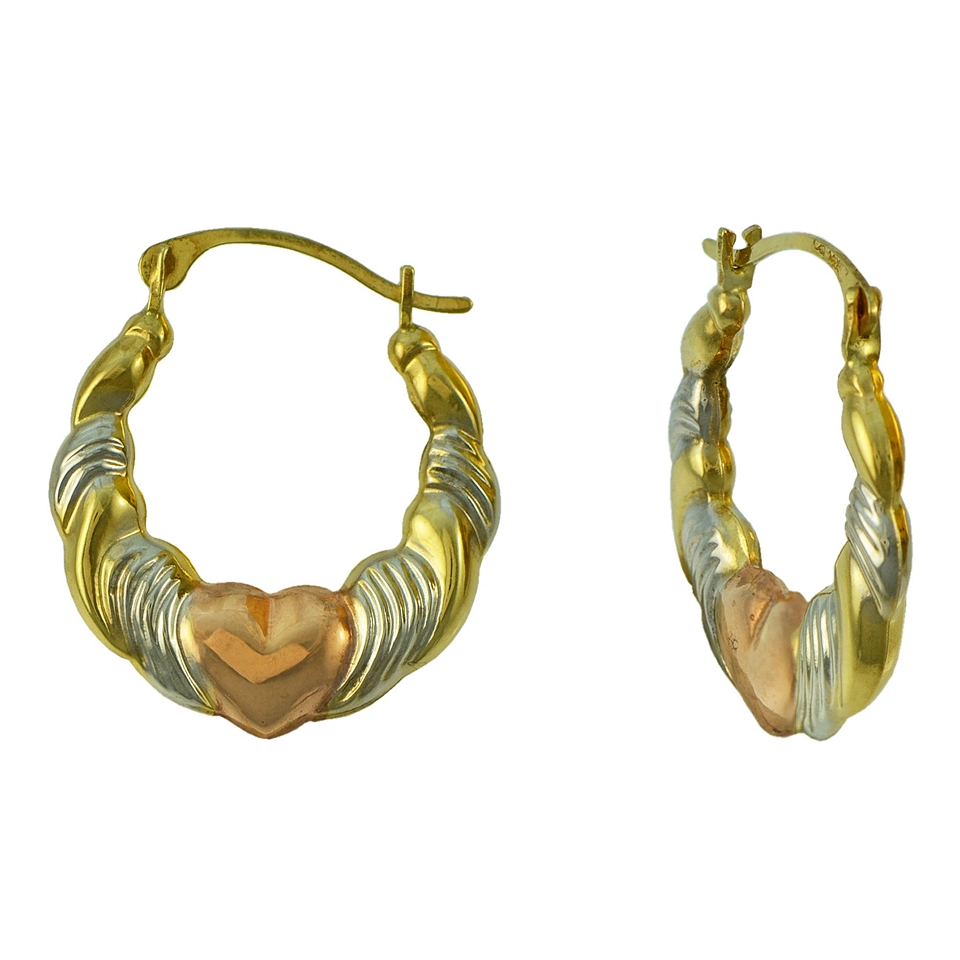 Tri Tone 14K Gold Heart Hoop Earrings, Womens