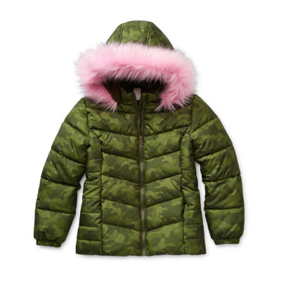 pink puffer jacket with faux fur trim