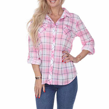 Ladies Code Womens Knit Plaid Button Down Shirt Roll Up Sleeve