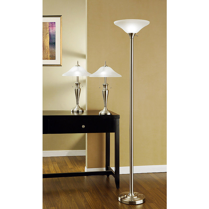 Tenbury Wells Collection 3-Piece 71-Inch Torchiere And 24-Inch Table Lamps With A Brushed Steel Finish And Quality Hammered Glass Shades, Silver