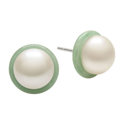 Cultured Freshwater Pearl and Green Jade Halo Stud Earrings