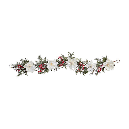 Nearly Natural 60” Frosted Magnolia & Berry Artificial Garland Flocked Indoor Christmas Garland