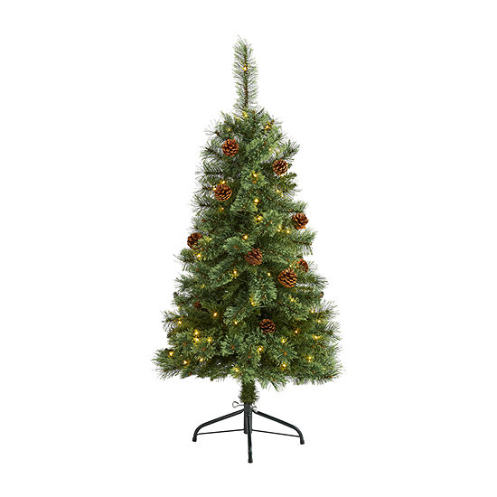 Nearly Natural 4 Foot White Mountain Pine Artificial Christmas Tree With 100 Clear Led Lights And Pine Cones Pine Pre-Lit Christmas Tree
