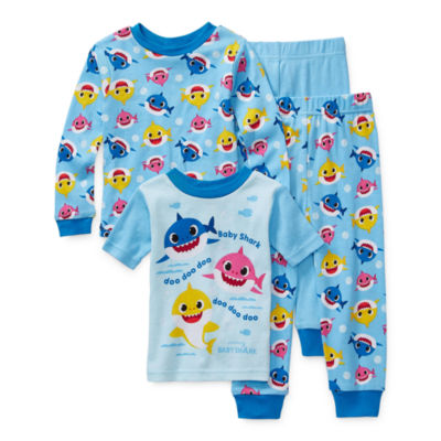AME Sleepwear Boys Baby Shark 4 Piece Blue Cotton Toddler Pajamas