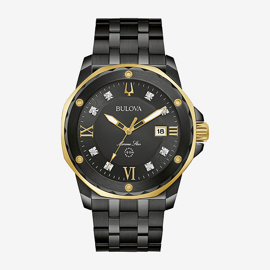 Bulova Marine Star Mens Diamond Accent Black Stainless Steel Bracelet Watch 98d176